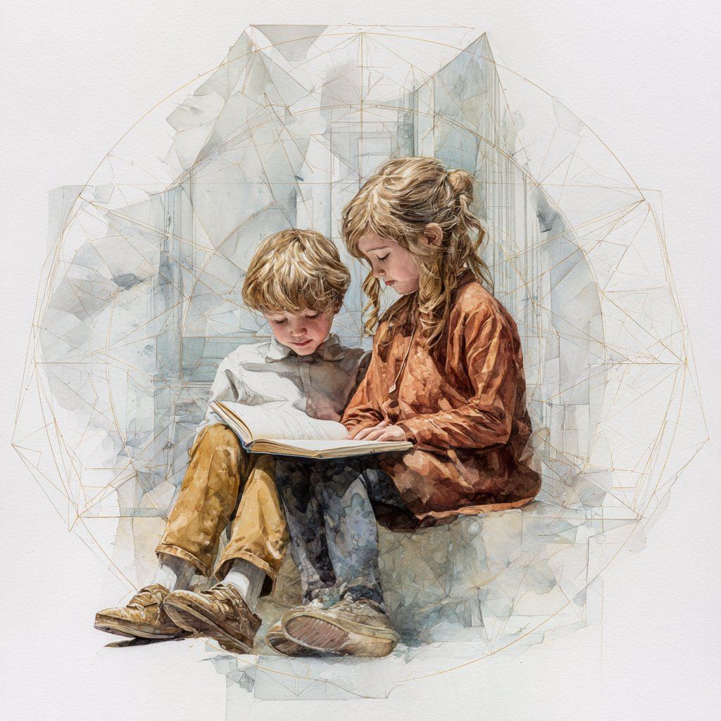 Dos niños leyendo juntos — acuarela del programa