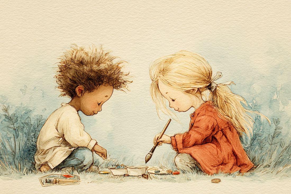 Dos niños pintando juntos — ilustración en acuarela del programa Yo Pienso