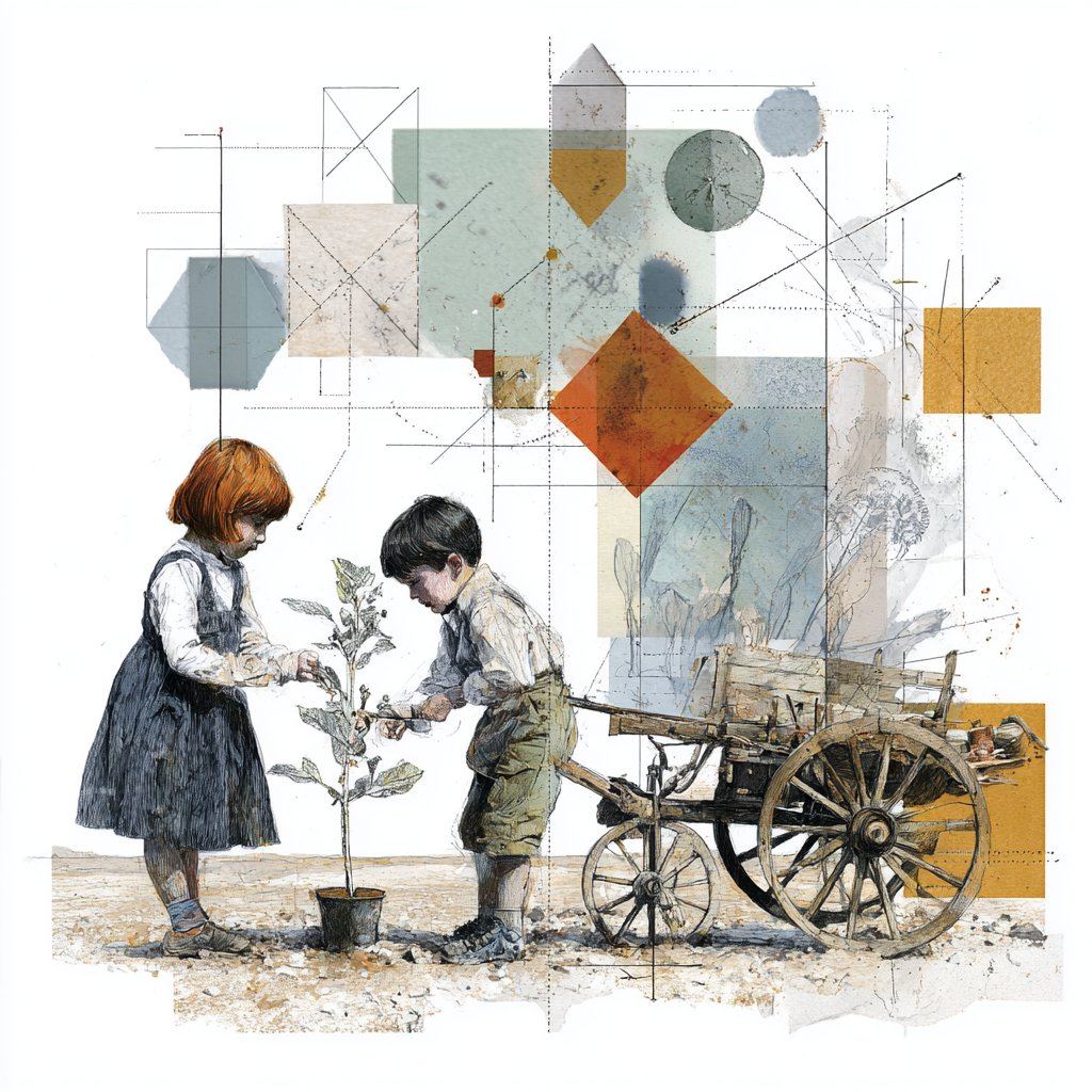 Niños sembrando una planta — collage ilustrado del programa